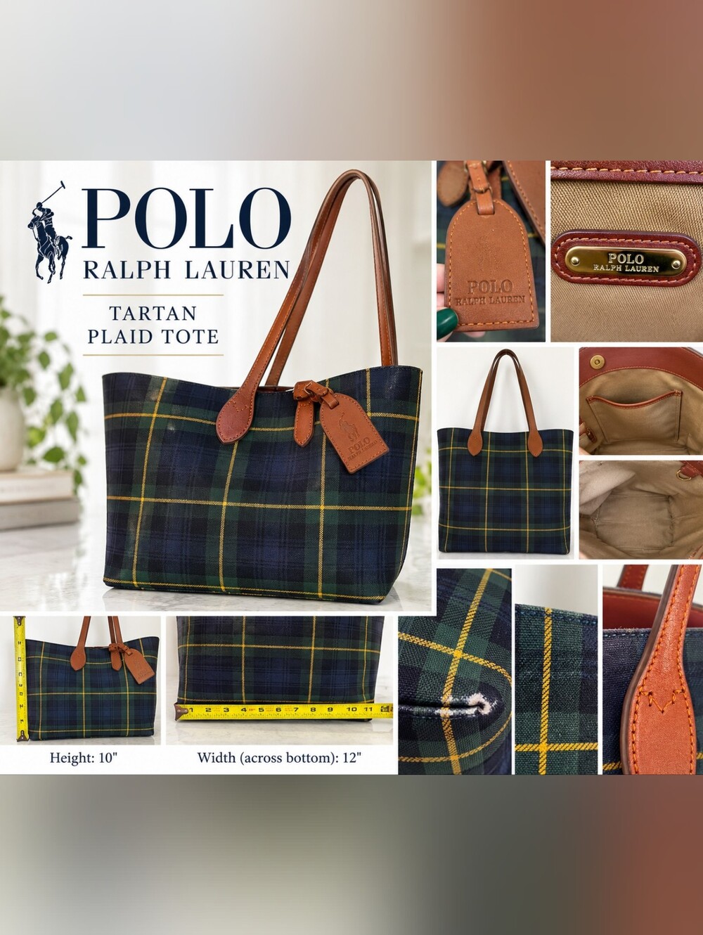 Polo Ralph Lauren Black Watch Tartan Plaid Tote Bag Leather Trim Navy Green